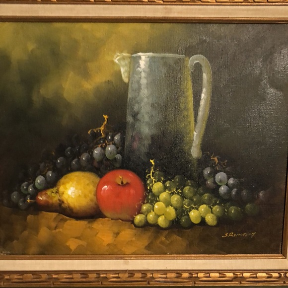 J. Remstedt oil still life painting with fruit and pitcher - Picture 3 of 3
